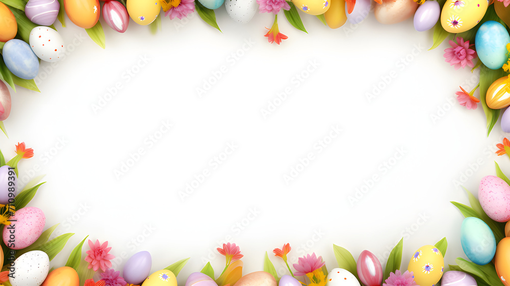 Beautiful Easter frame of multi-colored eggs and flowers with white background