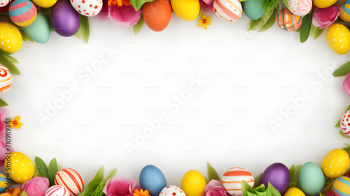 Beautiful Easter frame of multi-colored eggs with white background