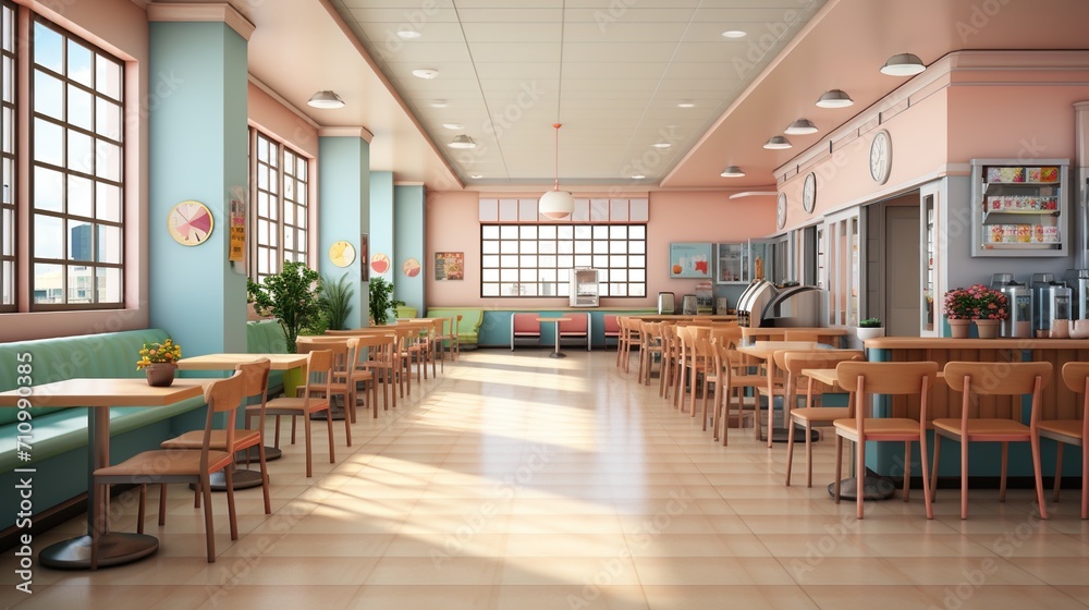 Retro pastel diner interior with empty tables and chairs Retro pastel diner interior with empty tables and chairs