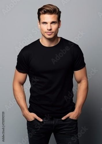 young male model in a black T-shirt on a gray background. © InfiniteStudio