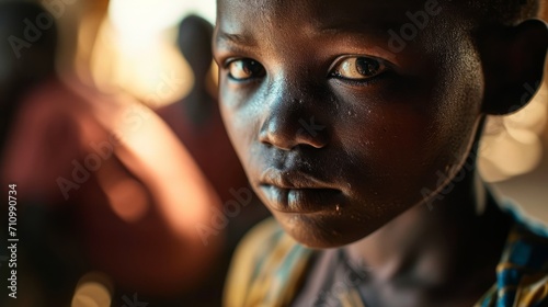 Generative AI image of portrait of a black little boy worried 