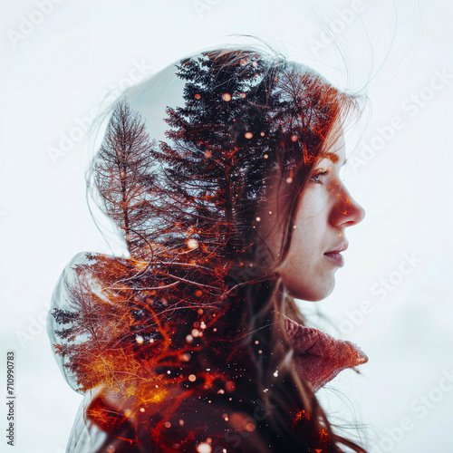 red haired millenium generation X girl in winter colors on white background, autumn nature double exposure, generated with AI photo