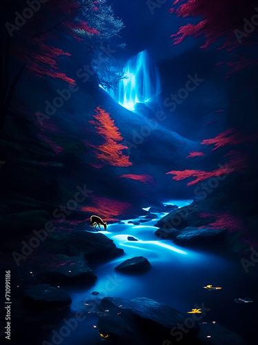 Fantastic landscape with waterfalls and red leaf trees, deer drinking creek water under moonlight, Artistic Wallpaper Design for Cell Phone, Smartphone, Computer, Tablet and Wall Art for Home Decor © YOAQ