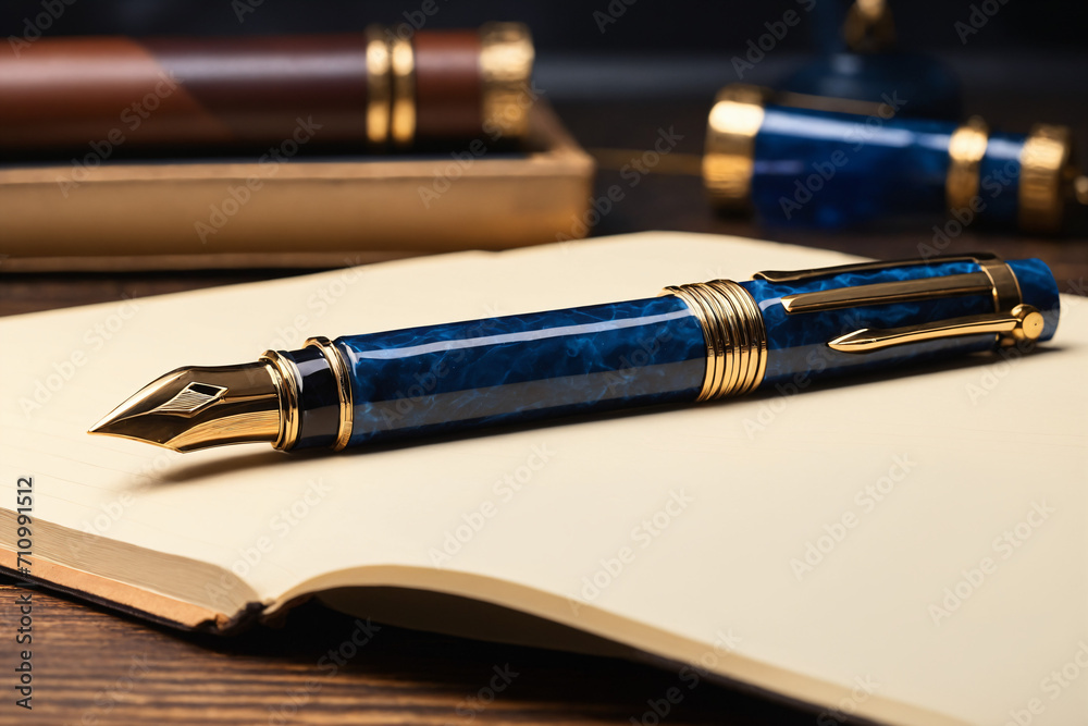 Beautiful fountain pen with notepad on a wooden table. - obrazy, fototapety, plakaty 