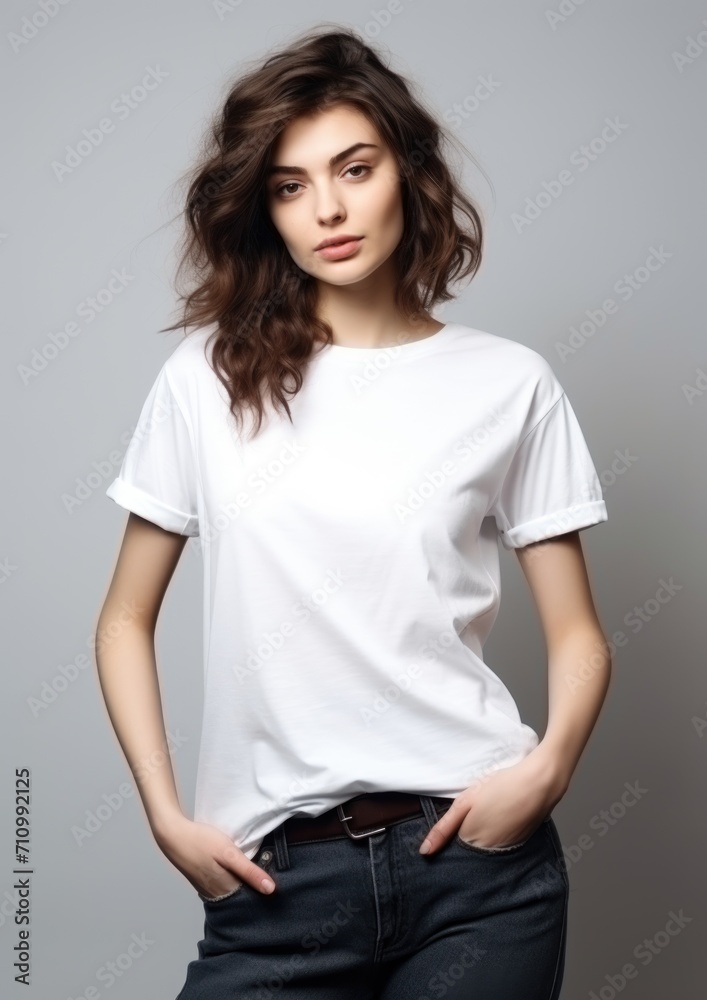 model in a white T-shirt on a gray background. model in a white T-shirt on a gray background.