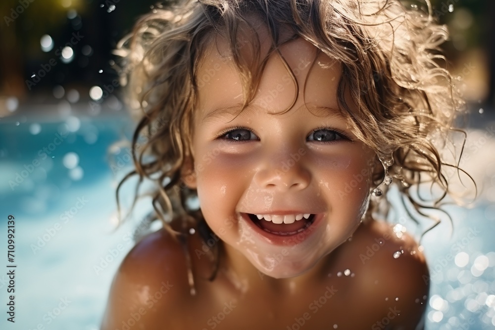 Curly-haired toddler playing in the water Curly-haired toddler playing in the water