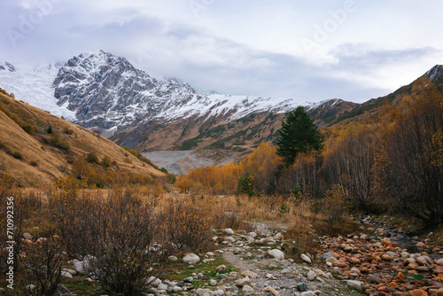 Alpine Splendor in Autumn. A rocky trail meanders through golden aspens leading the eye to the imposing snow-covered mountain face