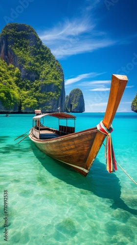 Generative AI image of Phuket Island, Thailand, features a unique wooden boat by the sea