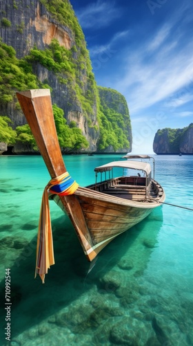 Generative AI image of Phuket Island, Thailand, features a unique wooden boat by the sea