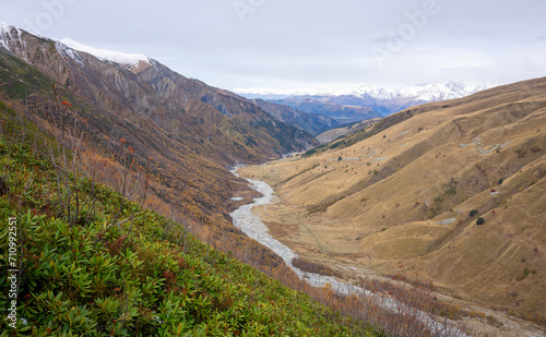 Elevated View of a Meandering River in the Valley. From a high vantage point, the river snakes through the autumn-colored valley, guarded by snowy mountain peaks.