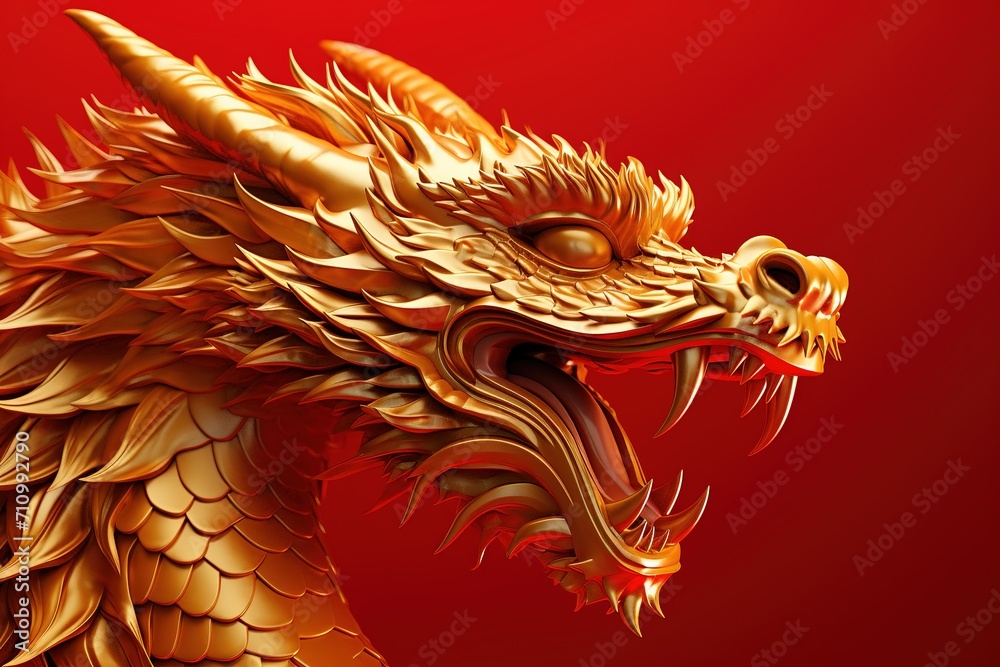 3d Golden dragon on a red background, Ai Generated 3d Golden dragon on a red background, Ai Generated