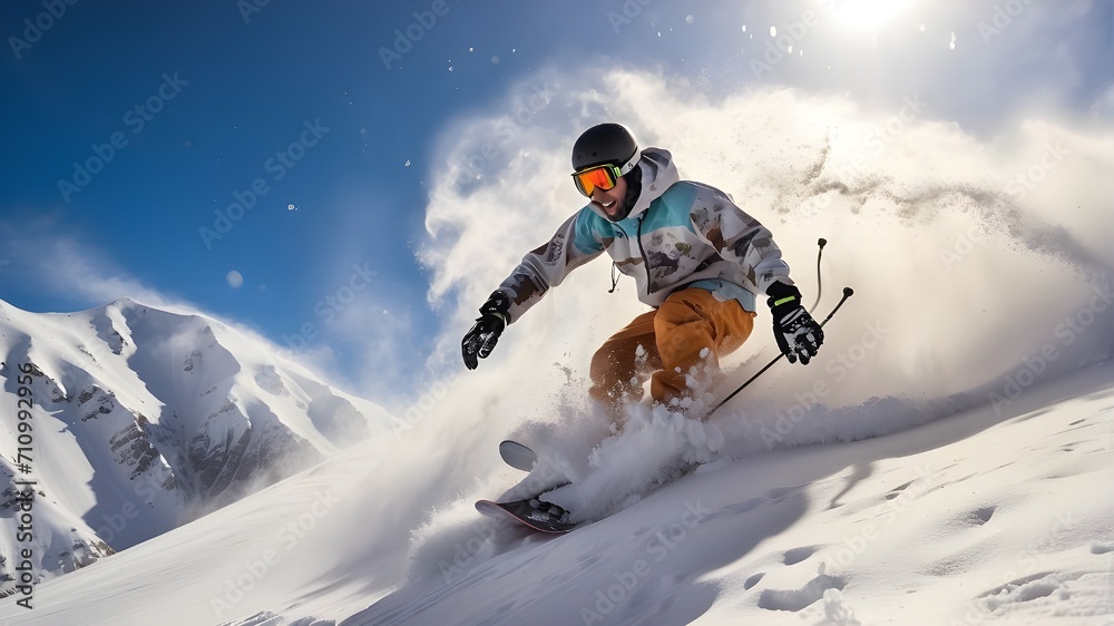 A snowboarder carving through fresh powder on a mountain slope