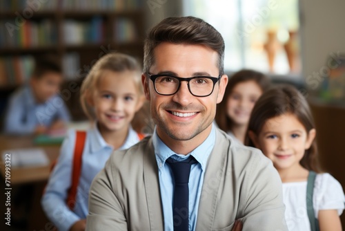 Male teacher with elementary students in classroom