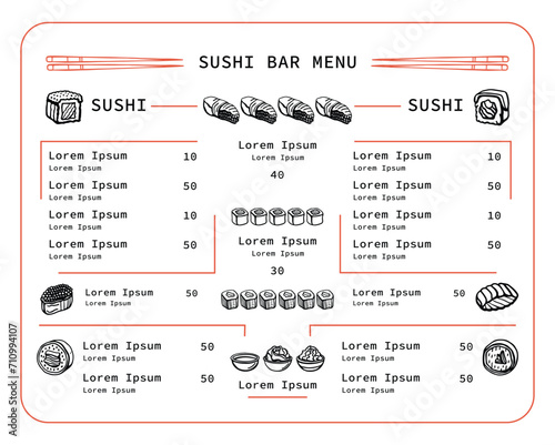 Restaurant sushi menu template. Isolated vector set of asian food in hand drawn doodle style on a white backgroud. Wasabi, ginger, soy sauce and sushi sticks.