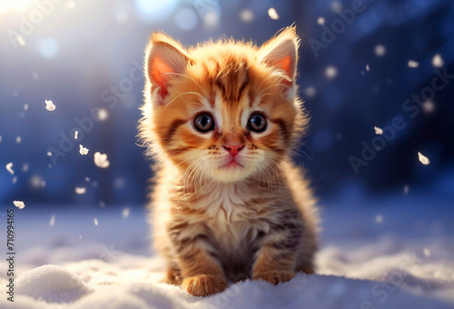 A cute, fluffy kitten sits on the snow with a winter backdrop. Ai-generated.