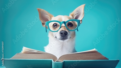 Smart dog with glasses reading a book on a blue background © Alina Zavhorodnii