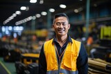 Portrait of a smiling Asian man in a yellow safety vest standing in a factory