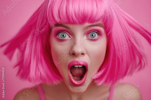 Portrait of a surprised girl with pink hair and pink make-up who opened her mouth in surprise