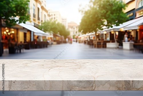 Generative AI image of Stone table top and blurred shopping plaza background photo