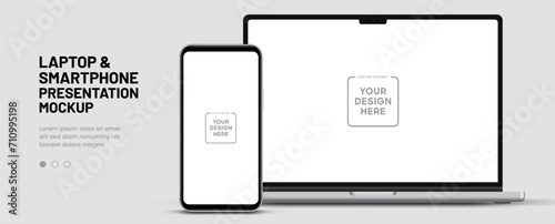 Modern laptop mockup front view and smartphone mockup high quality isolated on white background. Notebook mockup and phone device mockup for ui ux app and website presentation Stock Vector