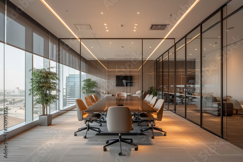 Empty modern meeting room with long table  chairs and glass partitions in bright office