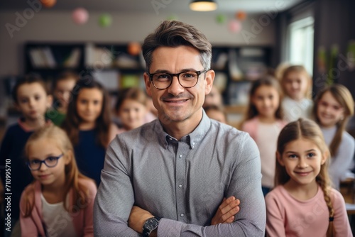 Male teacher standing with a group of students in a classroom