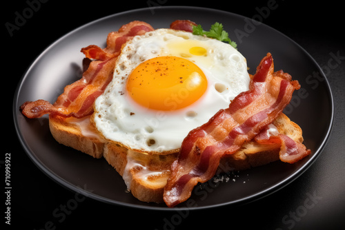 Appetizing toast bread with fried eggs and bacon on black plate isolated dark background
