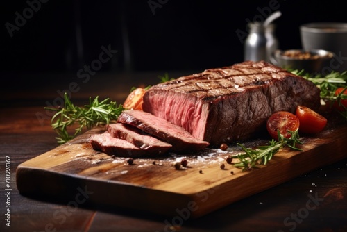 Mouthwatering medium rare steak, grilled and roasted. Succulent beef, presented in large piece and sliced on cutting board dark rustic background