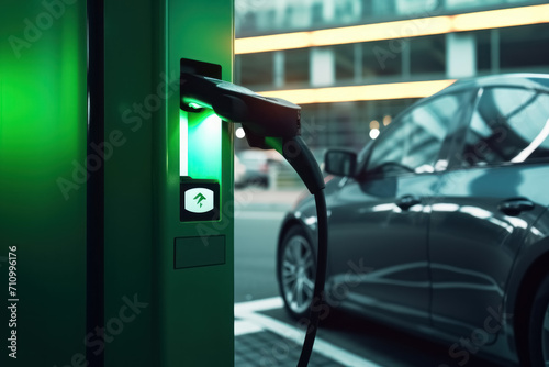 Power cable supply plugged in green electric vehicle car at EV charging station