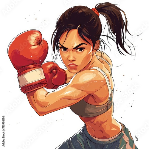 Portrait of a beautiful Asian woman sitting wearing boxing gloves. Workout for health. AI generated.