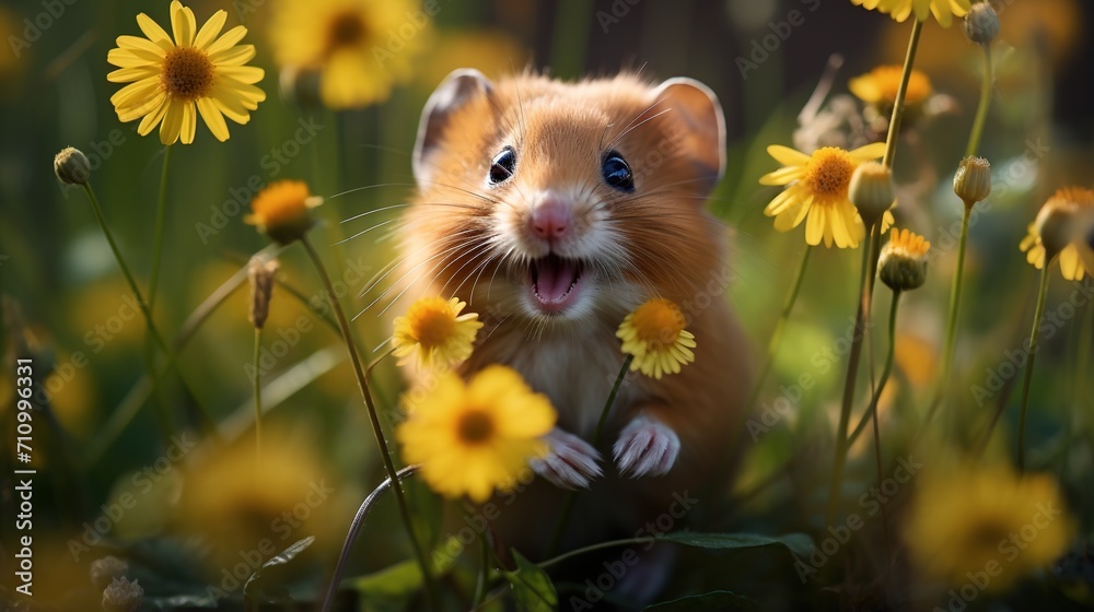 Small Rodent Peering Out From Yellow Flowers Small Rodent Peering Out From Yellow Flowers