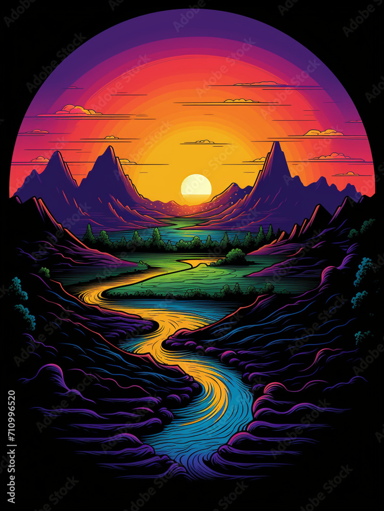 T-shirt design, a 16-bit pixel art landscape with rolling hills and a setting sun, in the style of retro video game art created with Generative Ai