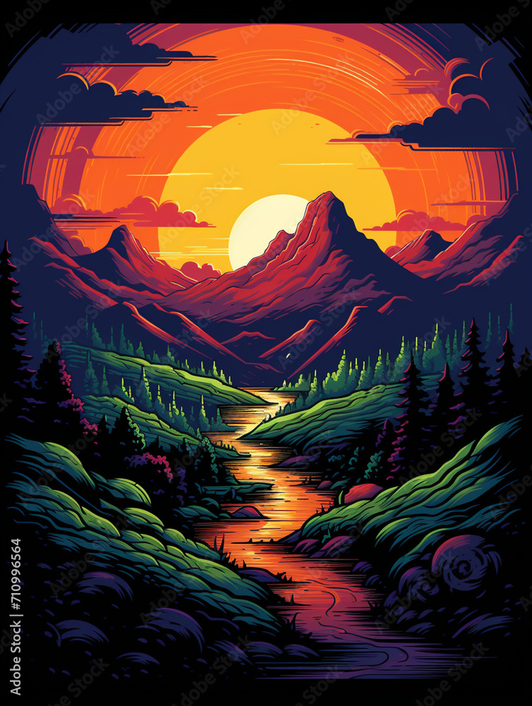 T-shirt design, a 16-bit pixel art landscape with rolling hills and a setting sun, in the style of retro video game art created with Generative Ai