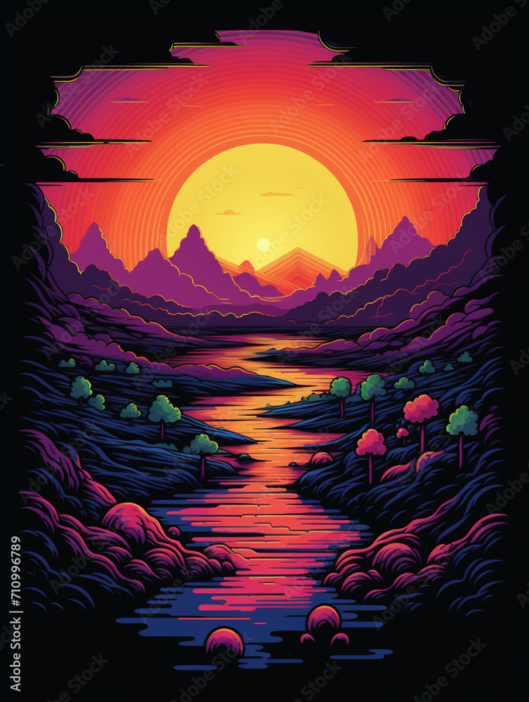 T-shirt design, a 16-bit pixel art landscape with rolling hills and a setting sun, in the style of retro video game art created with Generative Ai