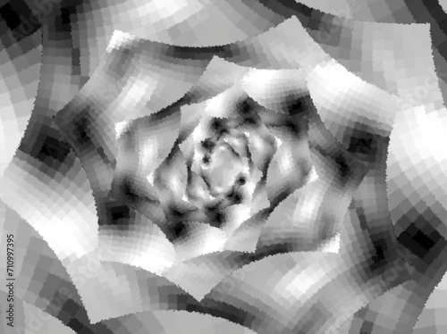 Fraktalny spiralny układ geometrycznych kształtów o chropowatej teksturze złożonej z małych kwadratów w szaro, biało, czarnej stonowanej kolorystyce 