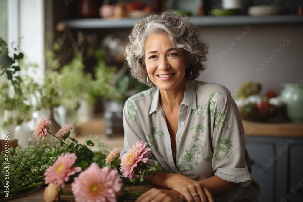 Portrait of a smiling middle-aged woman with gray hair and pink flowers Portrait of a smiling middle-aged woman with gray hair and pink flowers