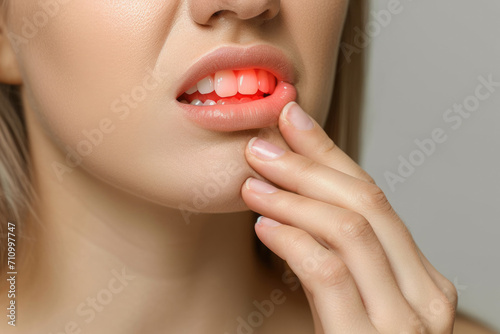 The girl opened her mouth and complains of inflamed gums  Tooth disease  dental treatment