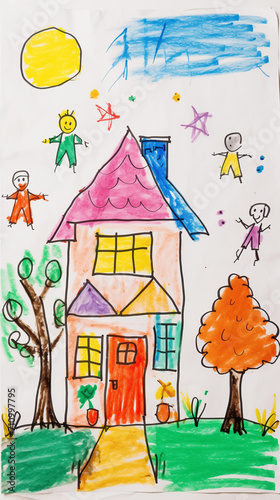 Drawing made by a child, friends playing around a house
