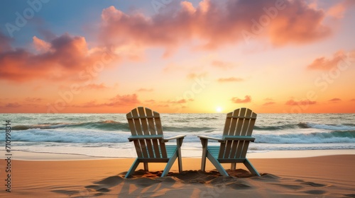 Romantic Sunset View with Beach Chairs on the Shore © Andrii