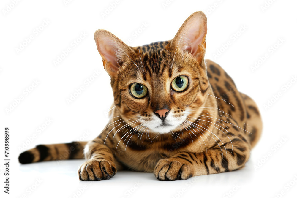 Obraz premium Leopard coloured cat on white background. Leopard cat