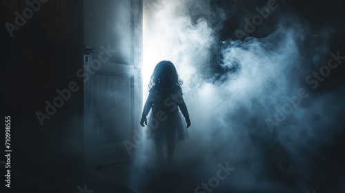 silhouette of a little girl emerges from a luminous room with smoke in the dark. The concept of children's fears and mysticism.