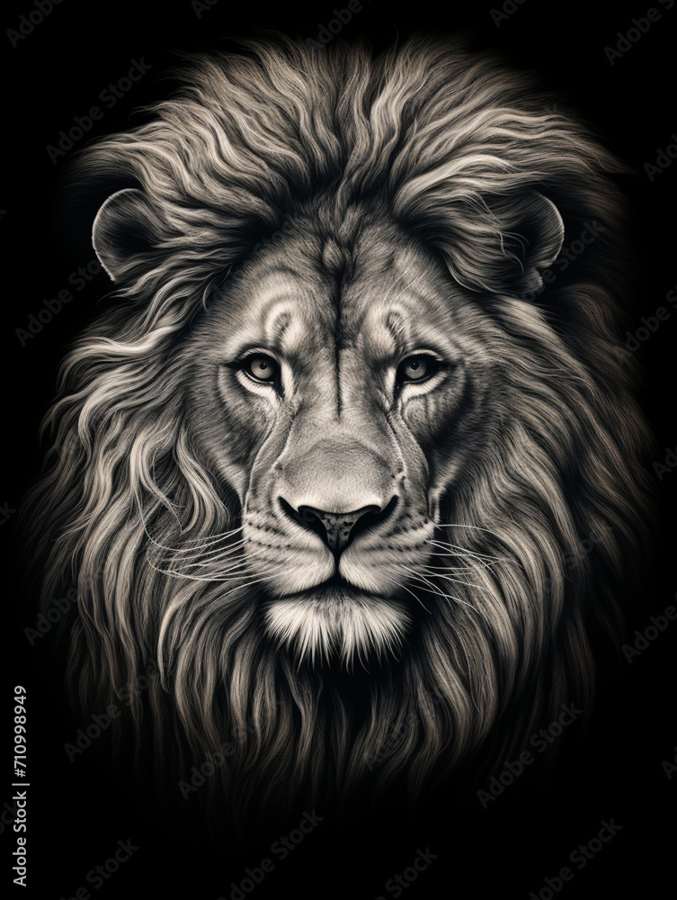 T-shirt design, a realistic graphite pencil sketch of a lion's head, in the style of hyperrealism, intricate detailing of the lion's fur and expressive eyes created with Generative Ai