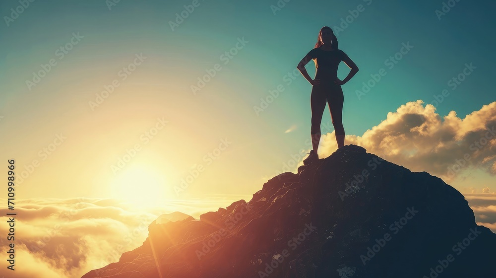 Silhouette of mental and physically strong woman standing on a mountain top. People, power, and strength concept. Silhouette of mental and physically strong woman standing on a mountain top. People, power, and strength concept.