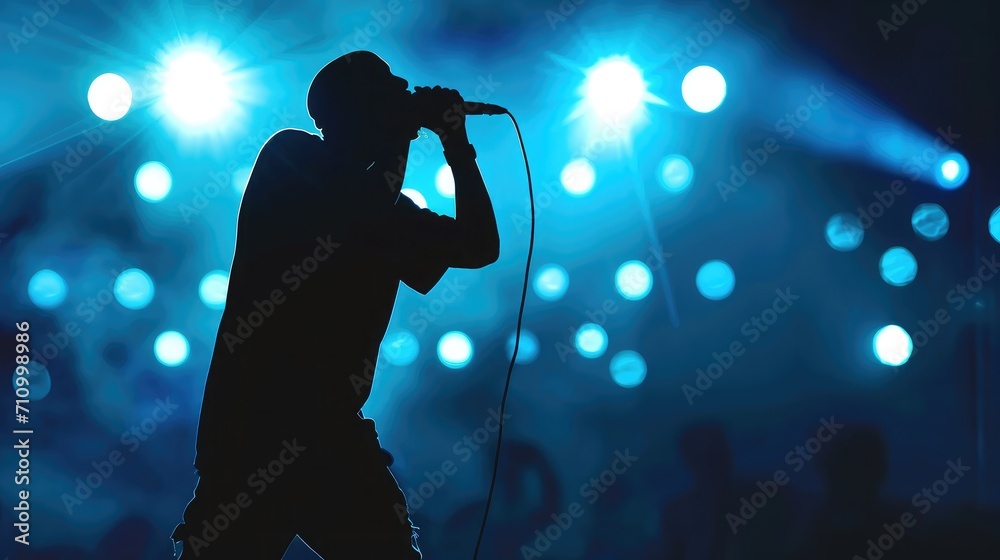 Silhouette of rap singer performing on stage. Bright blue background with hip hop artist performing on concert in night club - obrazy, fototapety, plakaty 
