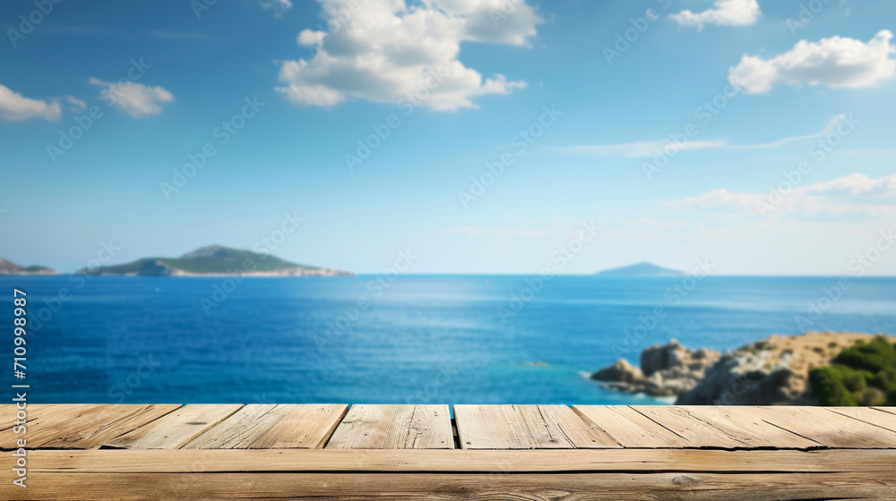 Wooden table on the background of the sea, island, king of the forest and blue sky. Display. Wooden exhibition. Forest, snow, sea, sun. high quality photo.