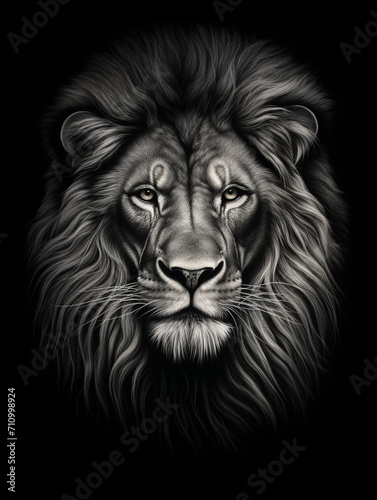 T-shirt design, a realistic graphite pencil sketch of a lion's head, in the style of hyperrealism, intricate detailing of the lion's fur and expressive eyes created with Generative Ai