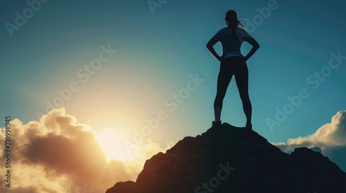 Silhouette of mental and physically strong woman standing on a mountain top. People, power, and strength concept.