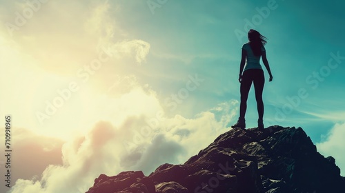 Silhouette of mental and physically strong woman standing on a mountain top. People  power  and strength concept.