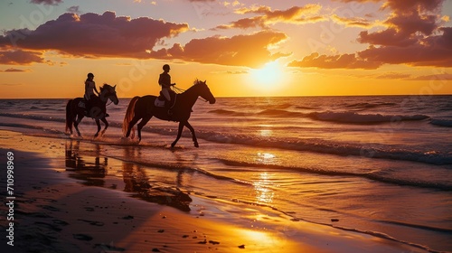 silhouette of people riding horses on the beach at sunset © buraratn