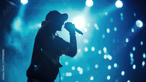 Silhouette of rap singer performing on stage. Bright blue background with hip hop artist performing on concert in night club photo